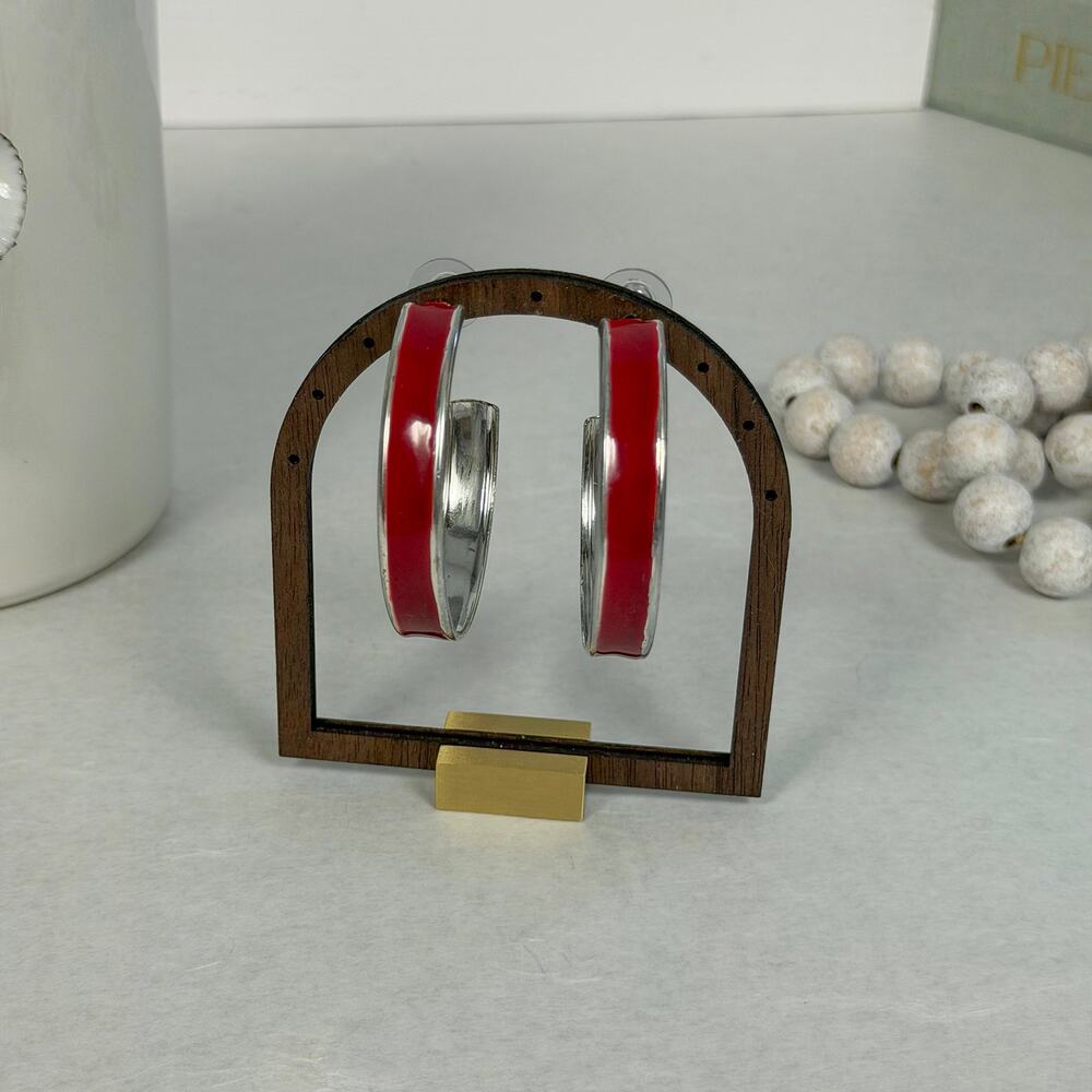 Bold & Beautiful Vintage 1980s Silver-Tone Red 2" Pierced Hoop Earrings